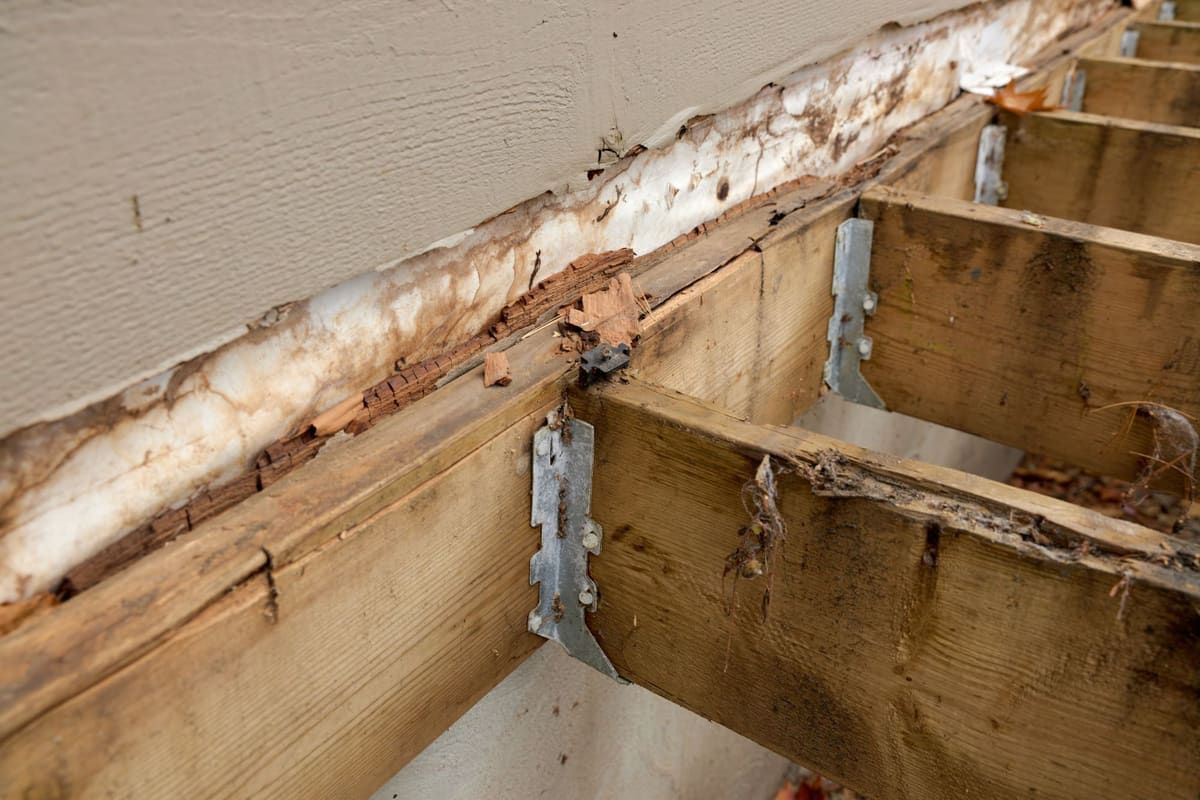 Rotted rim joist behind a deck ledger board
