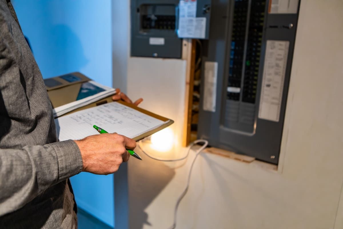 Inspector taking notes at an open electrical panel