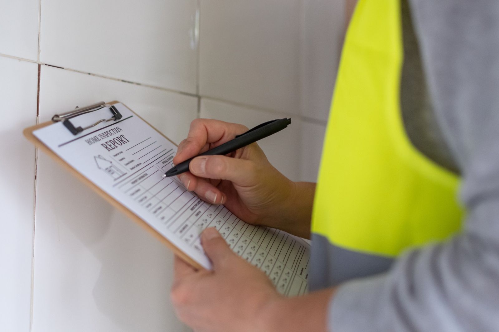 Inspector filling in a home inspection report on a clipboard
