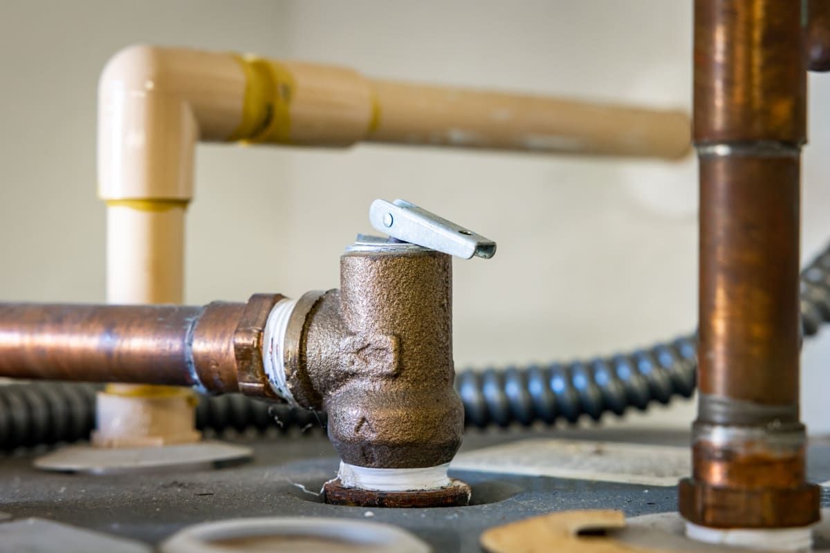 Temperature and pressure relief valve on top of a water heater